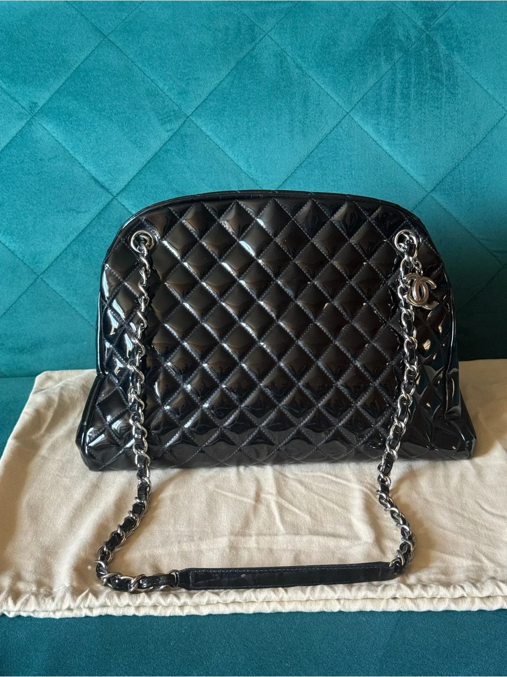 CHANEL Black Quilted Patent Shoulder Bag with Chain Strap and CC Charm